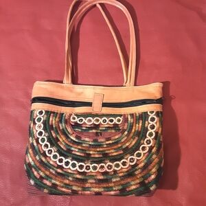 Multicolor Woven Tote Bag Cotton And Leather